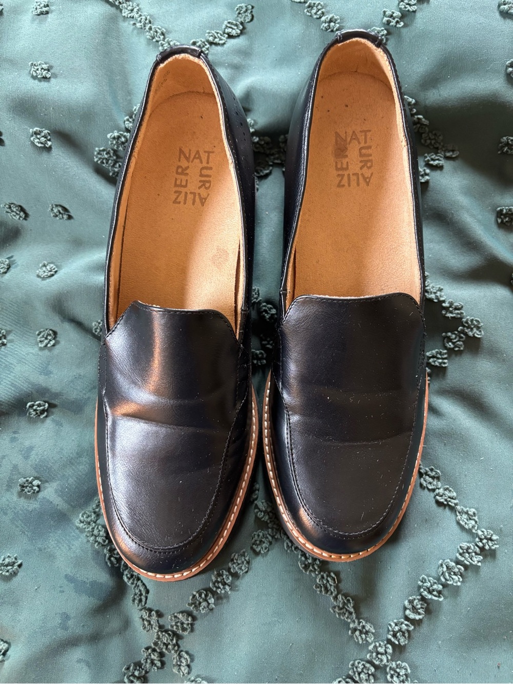Naturalizer Black Leather Slip-On Loafers with Tan Welt worn once